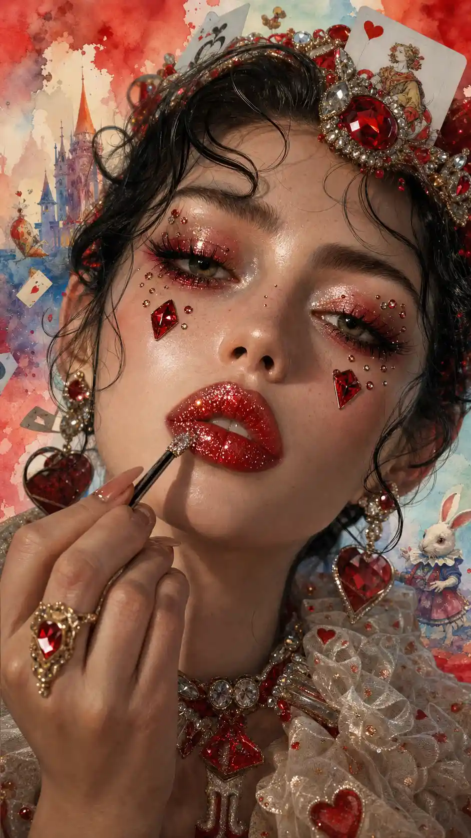 Nahaufnahme eines 3D‑Porträts, bei dem Glitter auf die Lippen aufgetragen wird