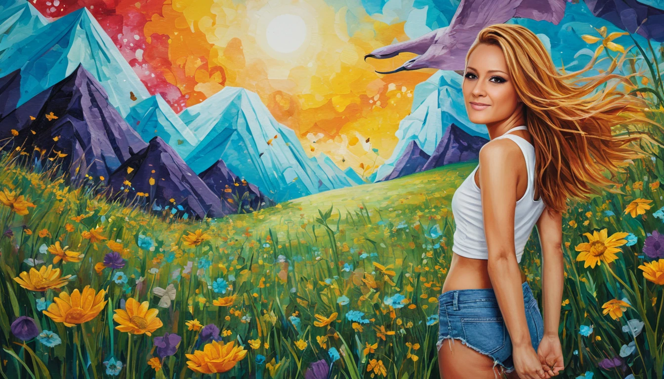 Smiling red haired girl relaxing in a sunny mountain meadow