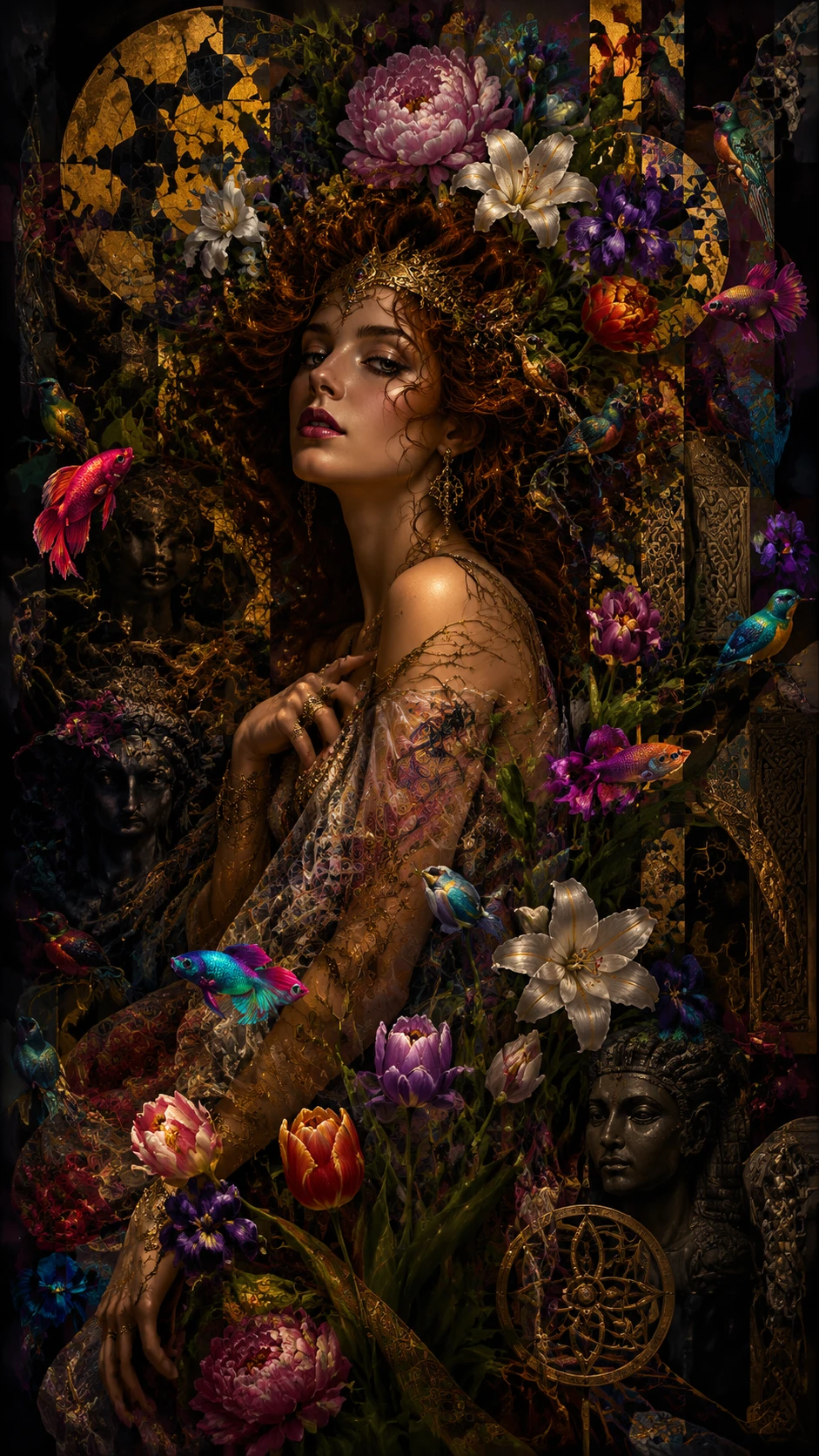 Mujer surrealista enmarcada por un cabello floral y cósmico en espiral