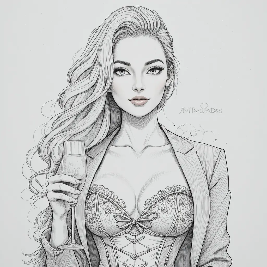 Pencil portrait of a confident young woman with champagne
