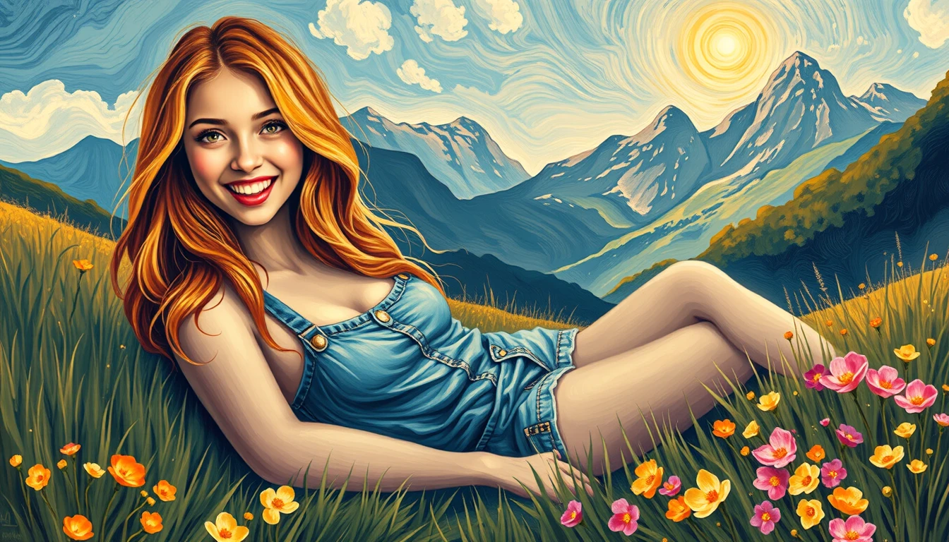 Smiling red haired girl relaxing in a sunny mountain meadow