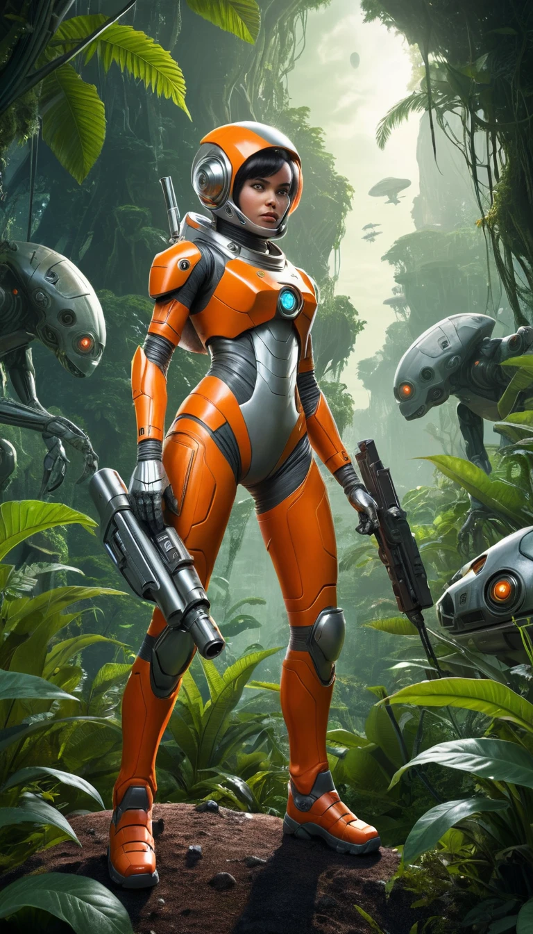 Mujer espacial con pistola de rayos en un exuberante mundo de jungla alienígena