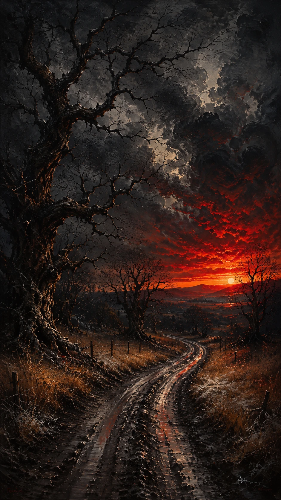 Carretera rural tormentosa bajo un cielo de atardecer encendido