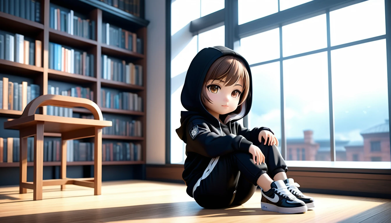Chica chibi relajándose en una silla junto a la ventana de una biblioteca histórica