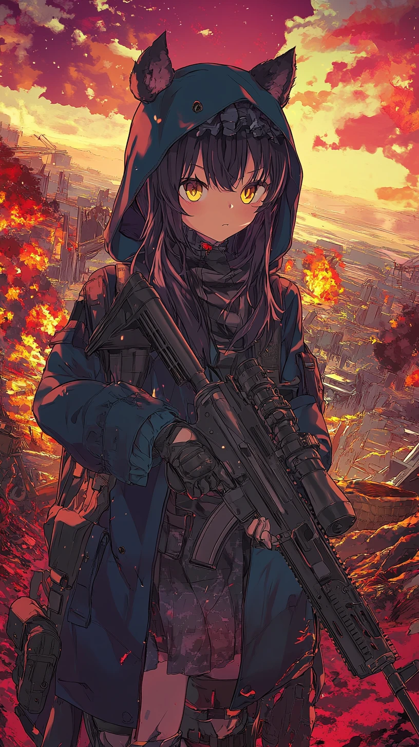 Ragazza anime su un sentiero dorato sotto un cielo surreale