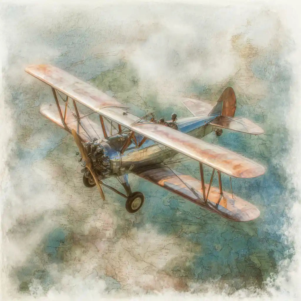 Vintage biplane flying over a faded fantasy world map