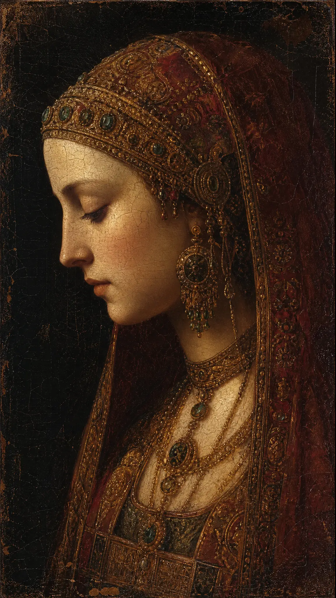 Medieval queen portrait in golden light with closed eyes