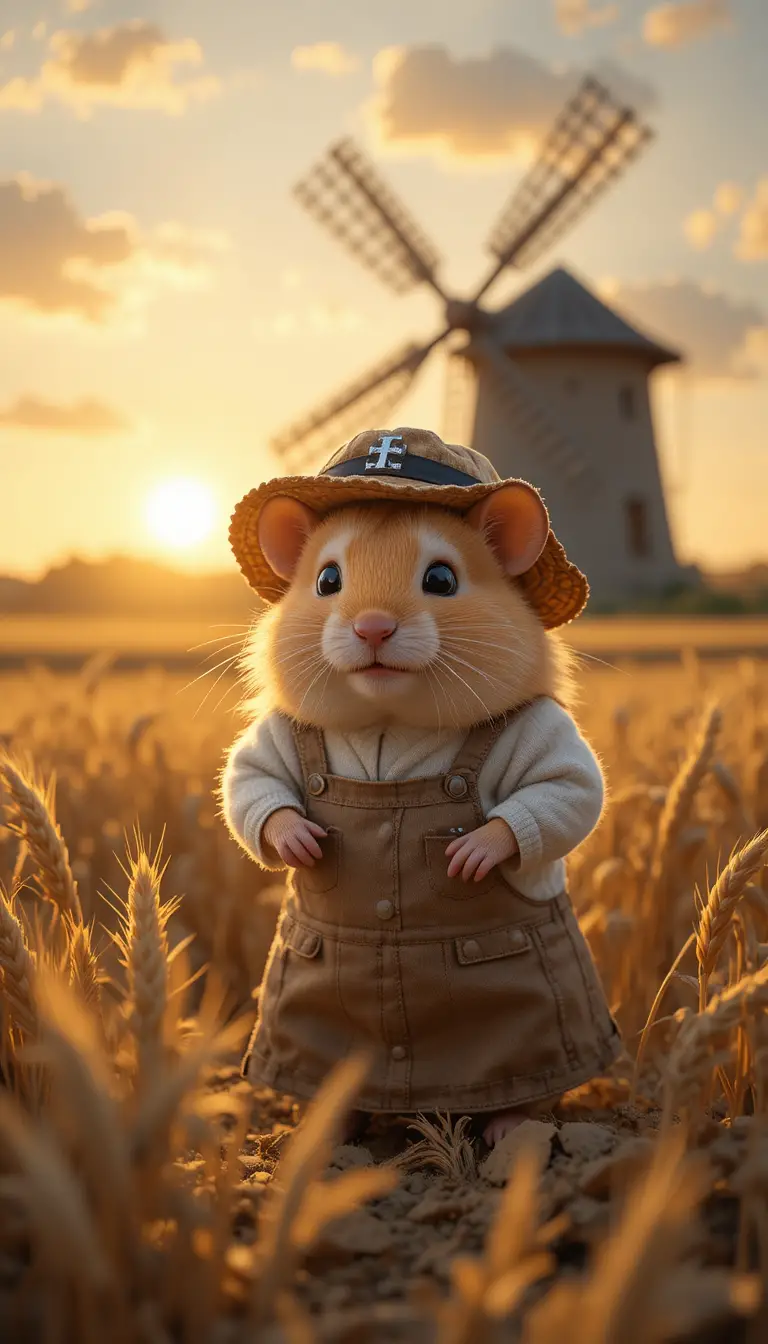 Adorable hámster molinero en molino al atardecer dorado