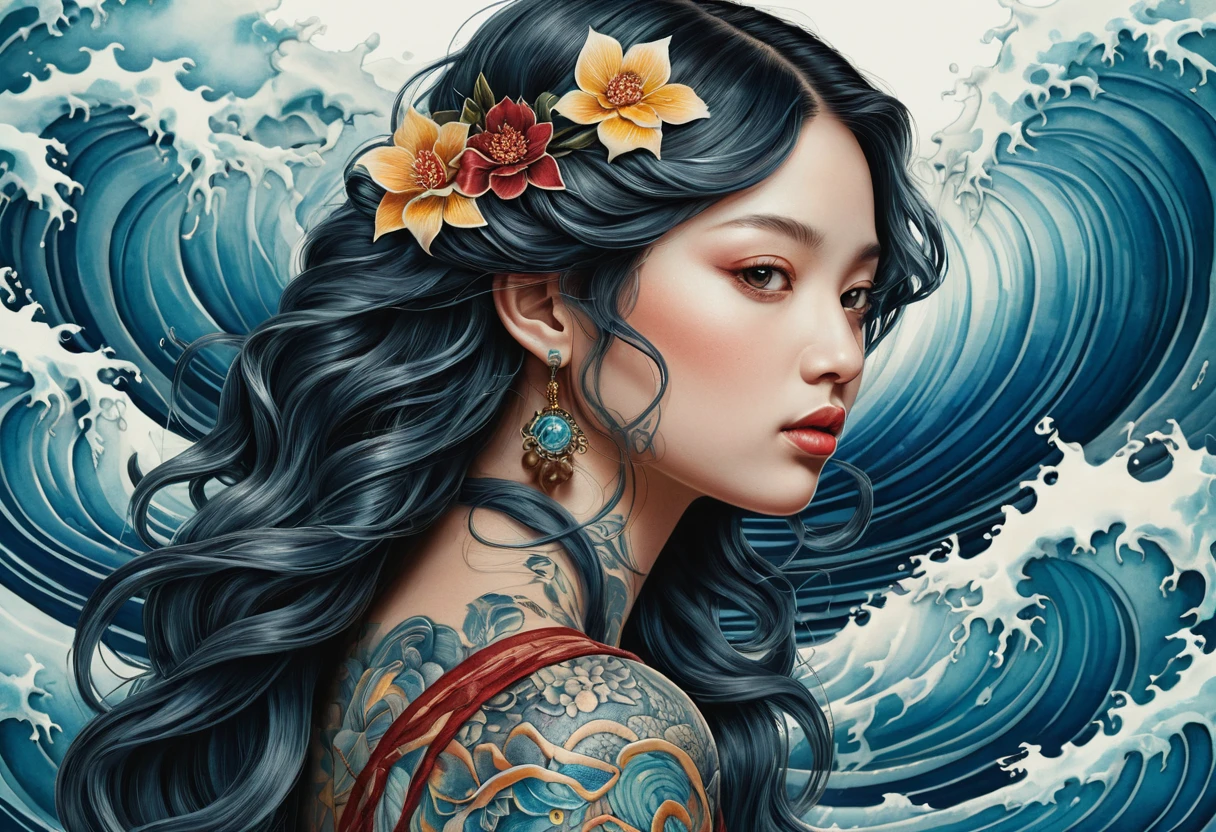 Surreal underwater woman tattoo illustration with flowing ocean waves