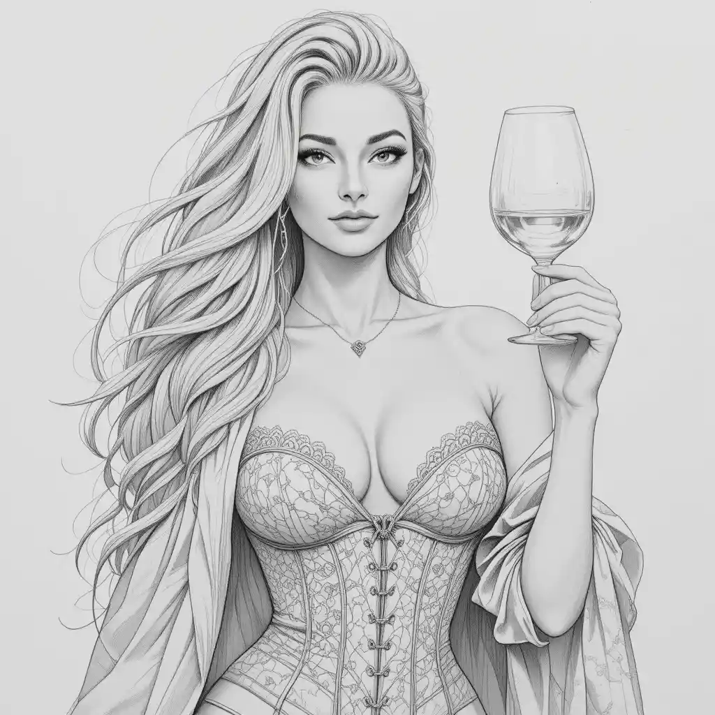 Elegante retrato a lápiz de una mujer rubia con copa de vino
