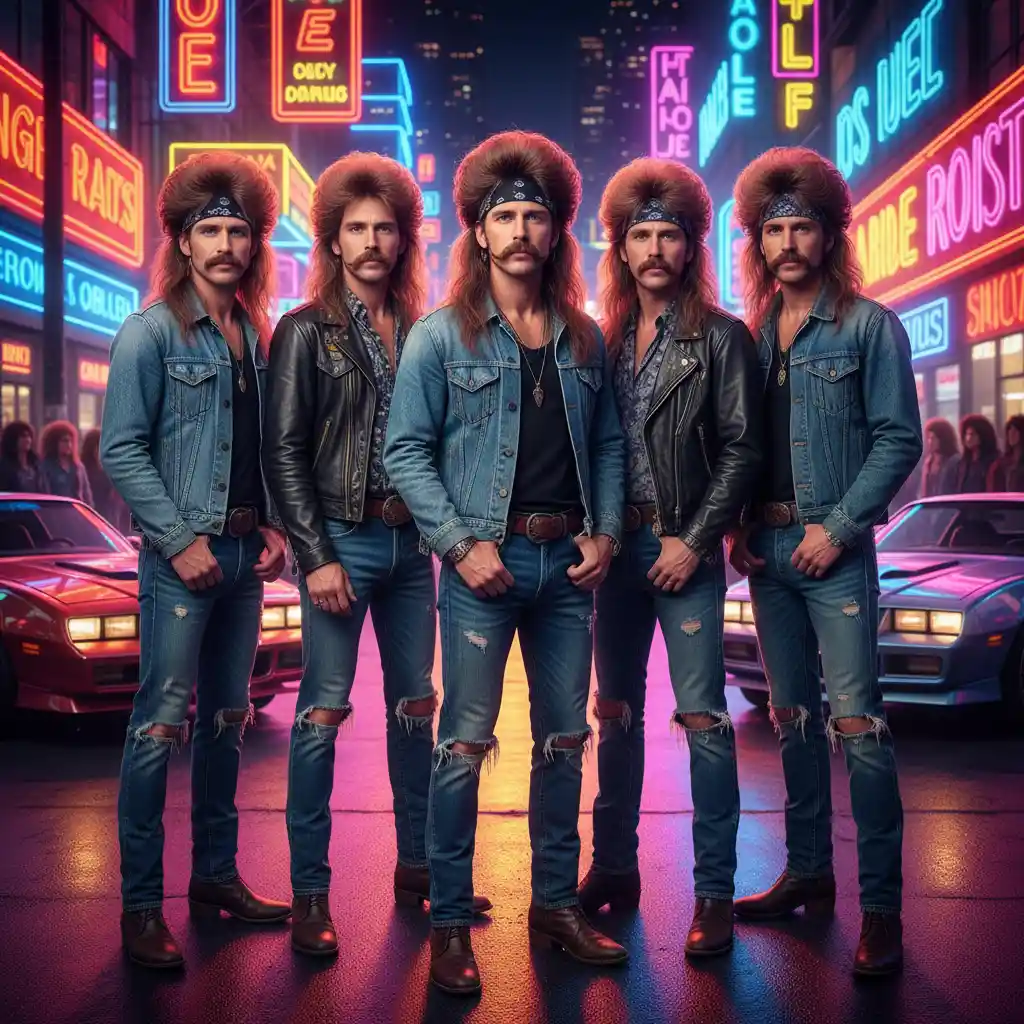 Uomini duri con mullet anni ’80 e muscle car nella notte