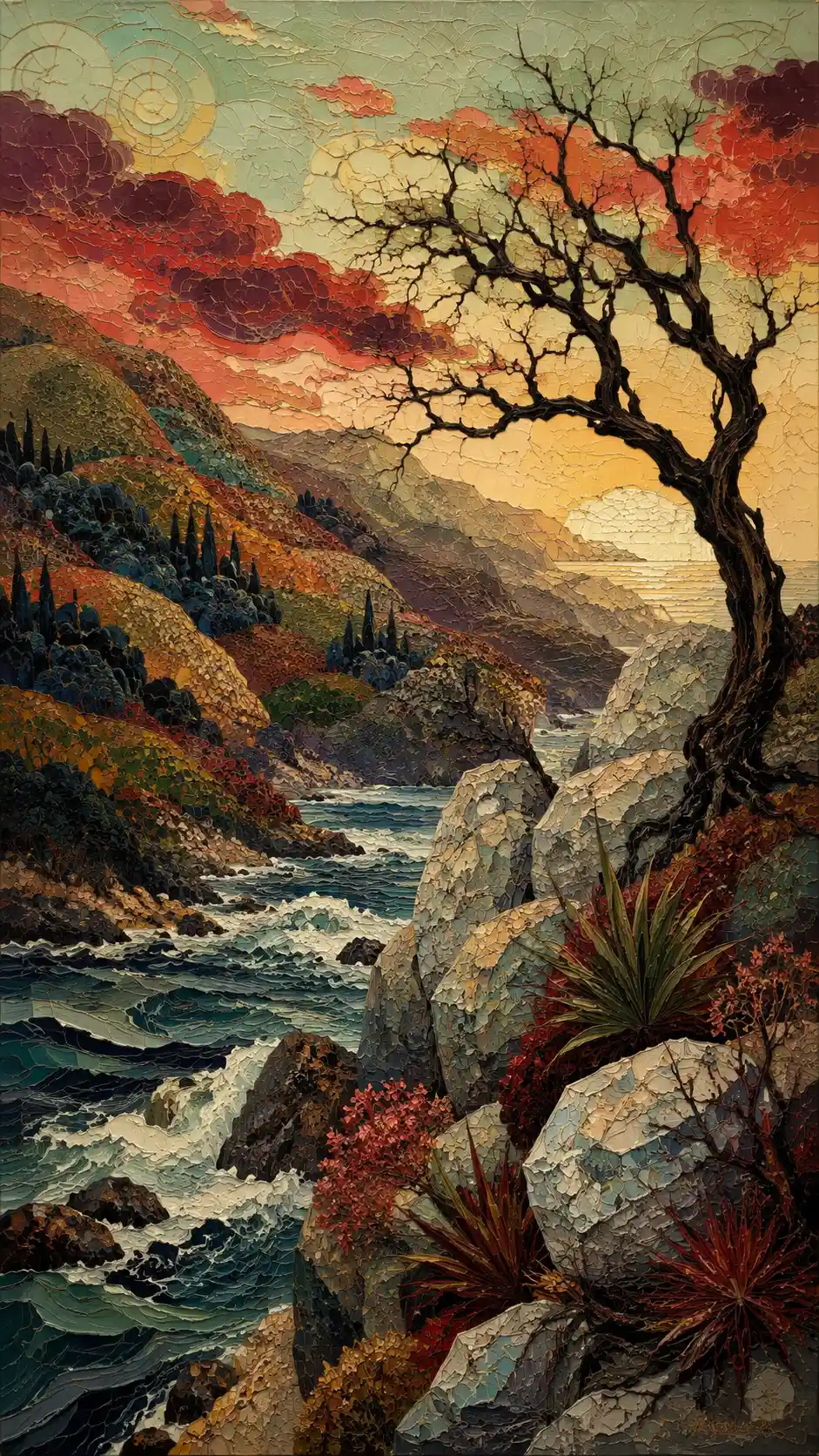 Paisaje costero en impasto con rocas, árbol y agua impetuosa