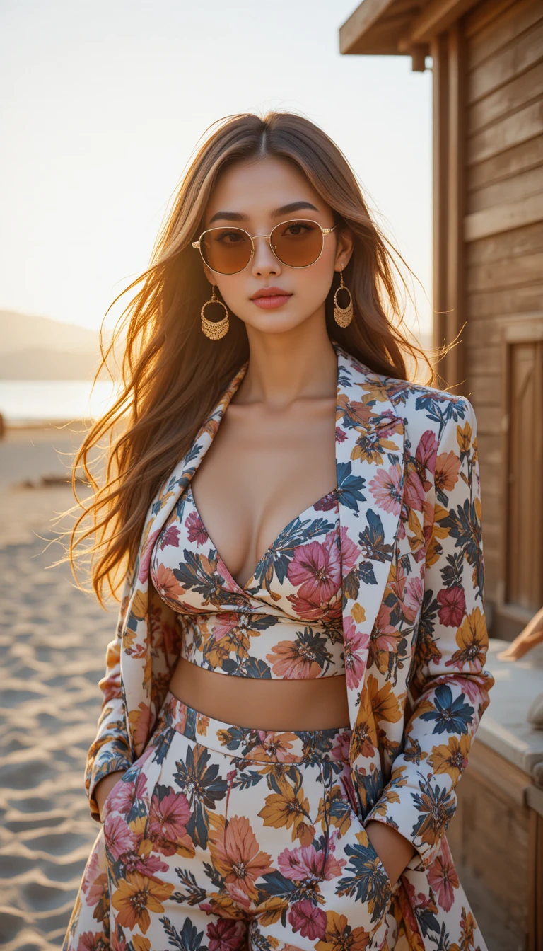 Stylish woman posing at a sunny luxury beach resort