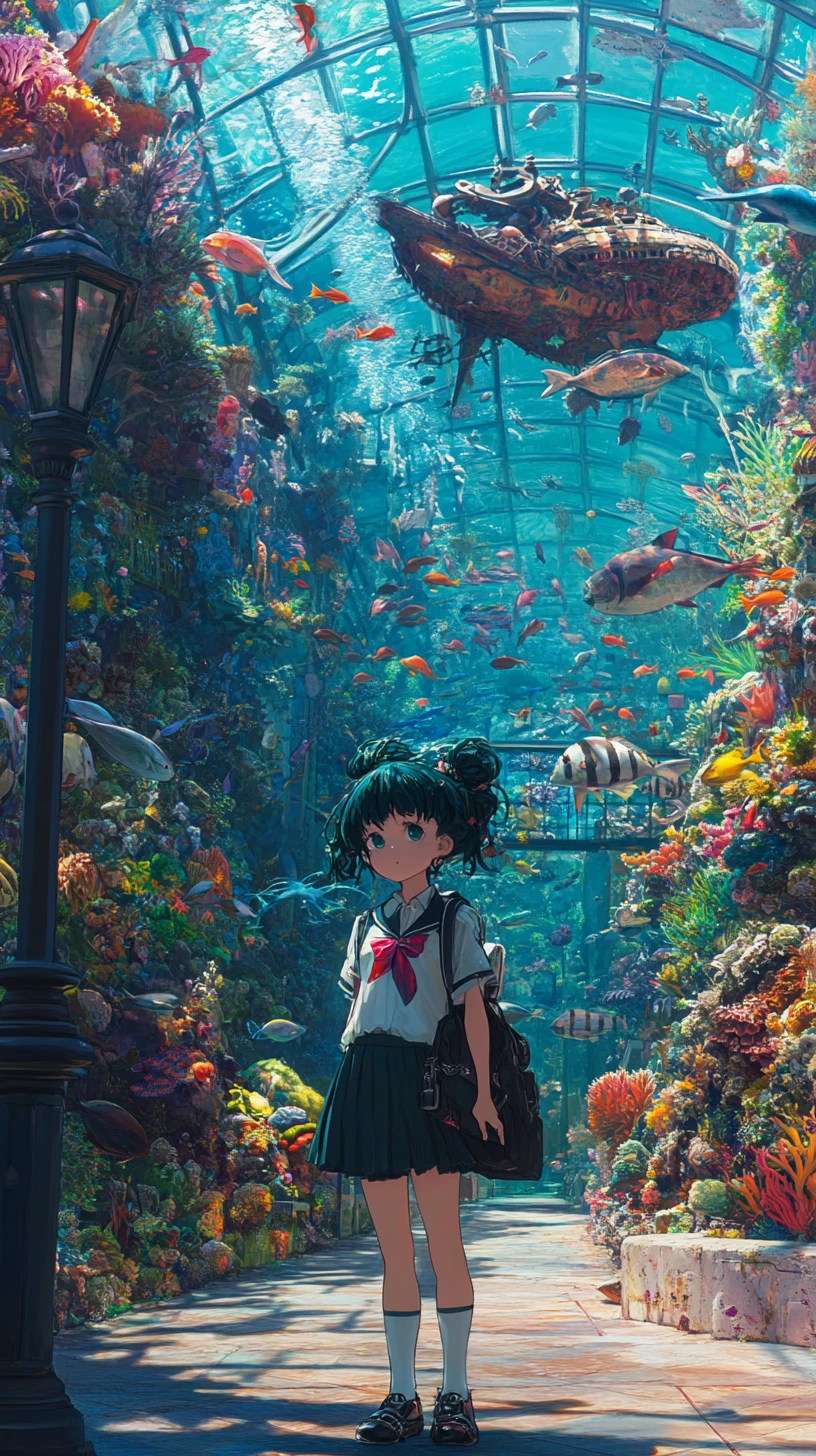 Anime greenhouse path with exotic plants and lamppost
