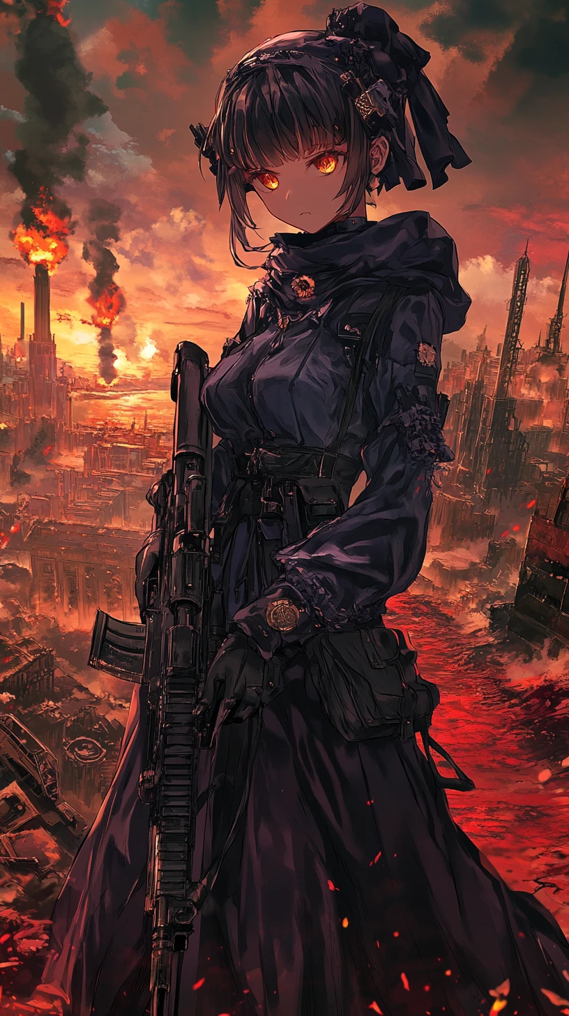 Chica de anime en un camino dorado en una ciudad de fantasía surrealista