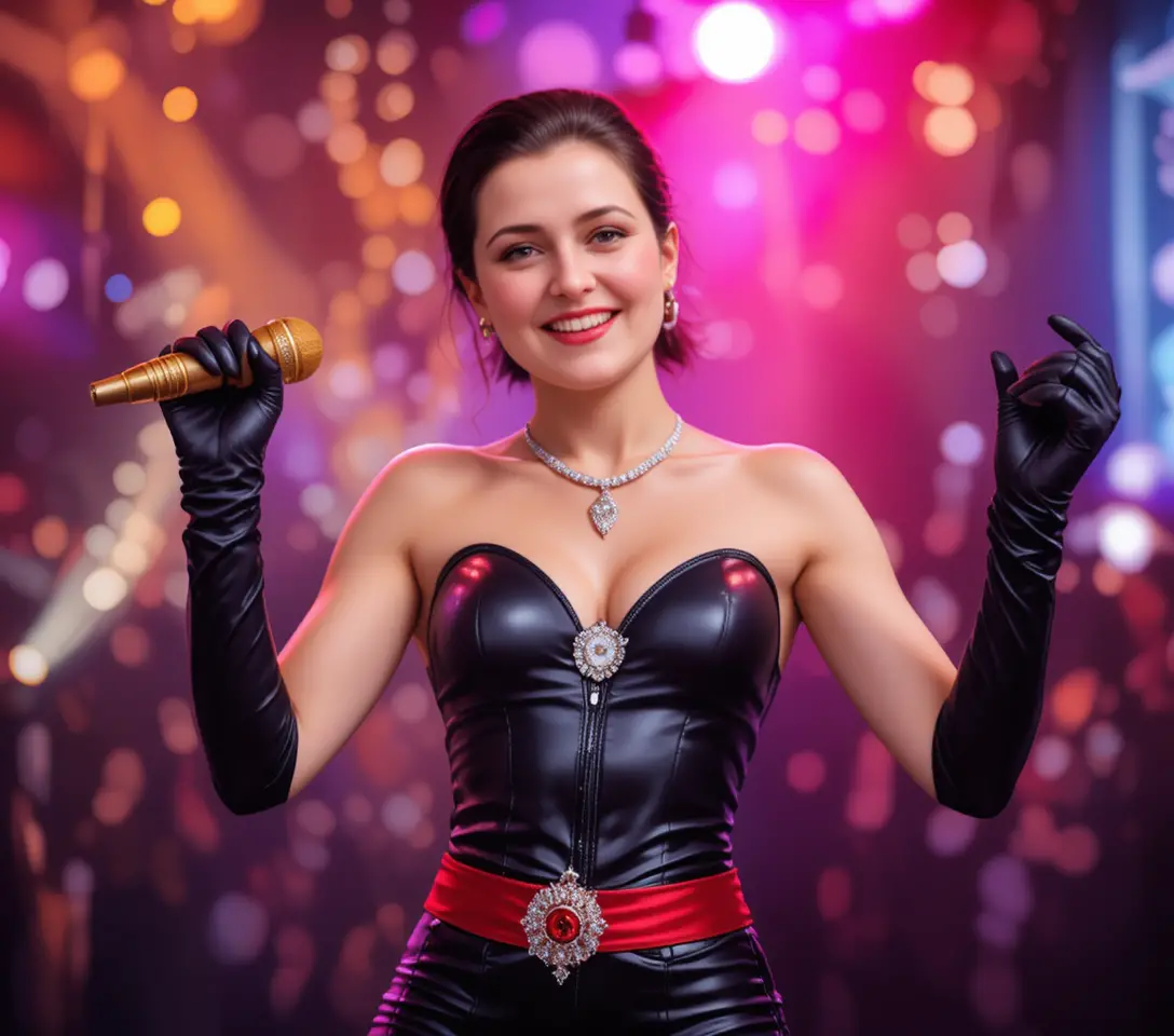 Donna sul palco con microfono dorato e guanti