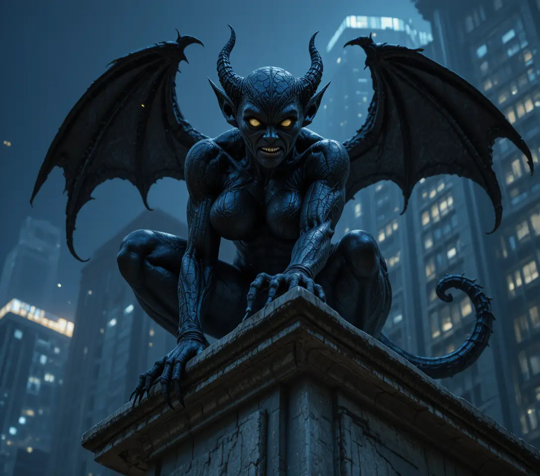 Menacing female gargoyle crouching on a towering skyscraper cornice
