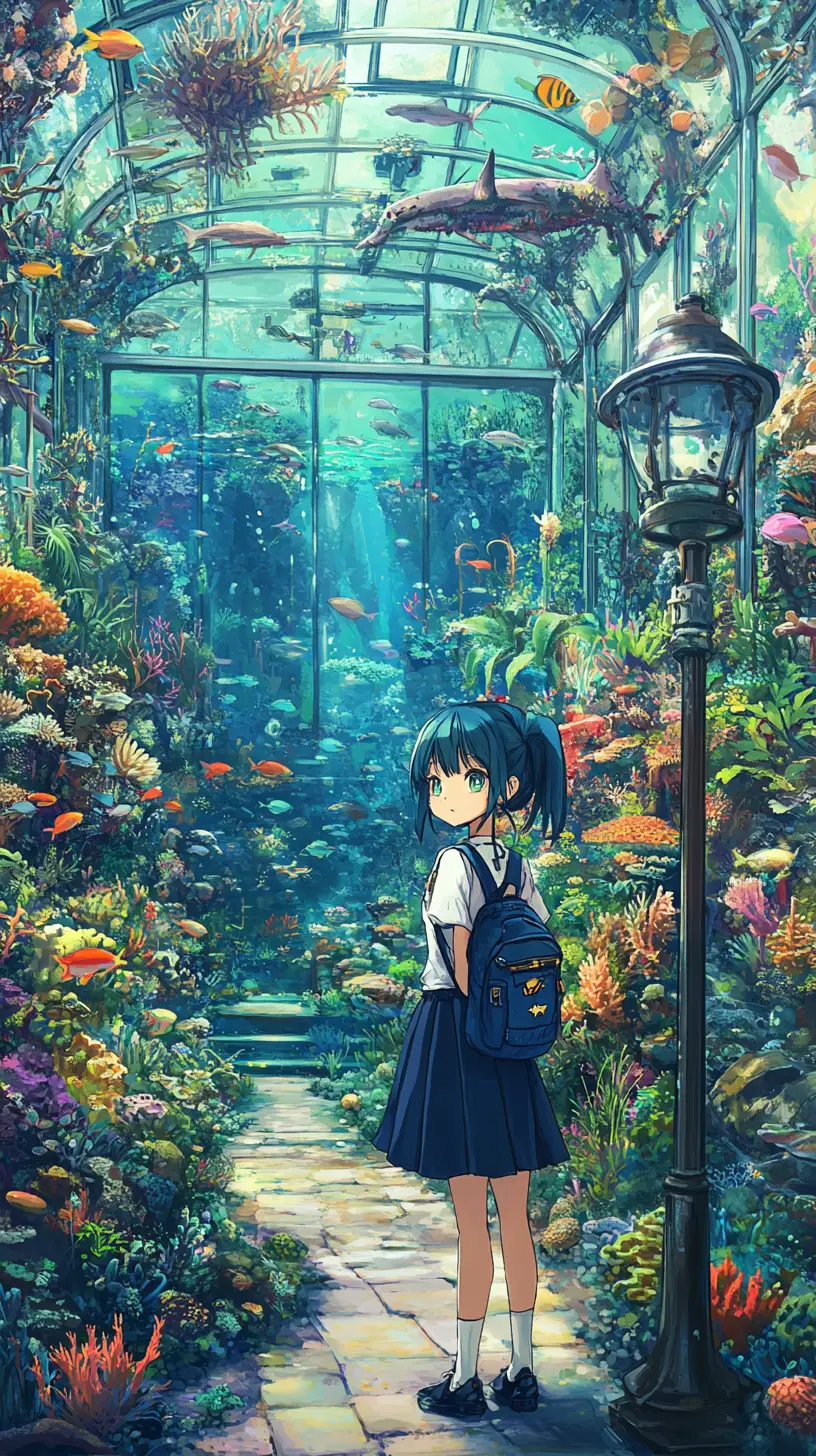 Anime greenhouse with exotic plants and a lonely lamppost