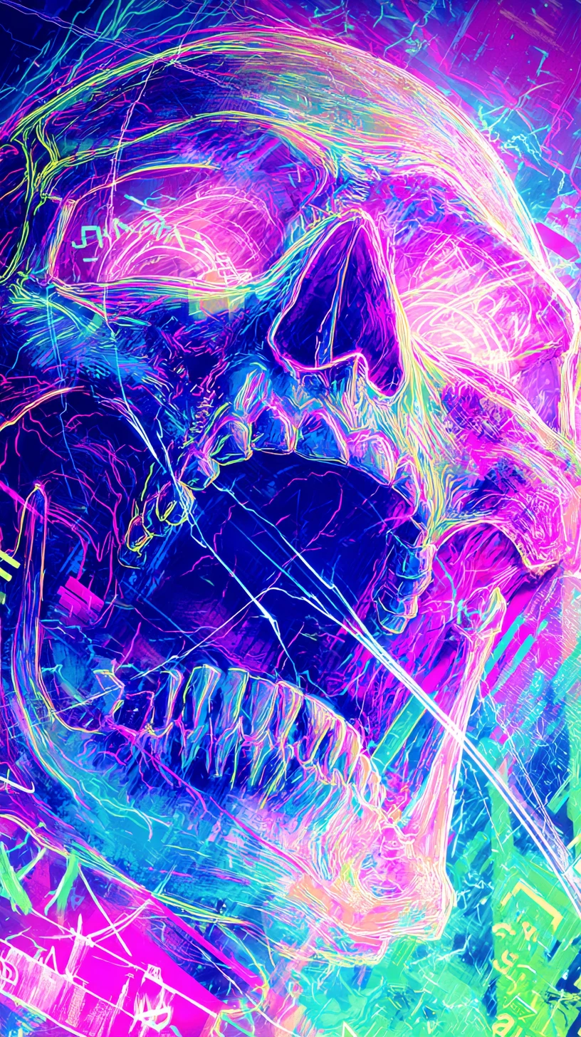 Neon double exposure zombie face in chaotic glowing colors