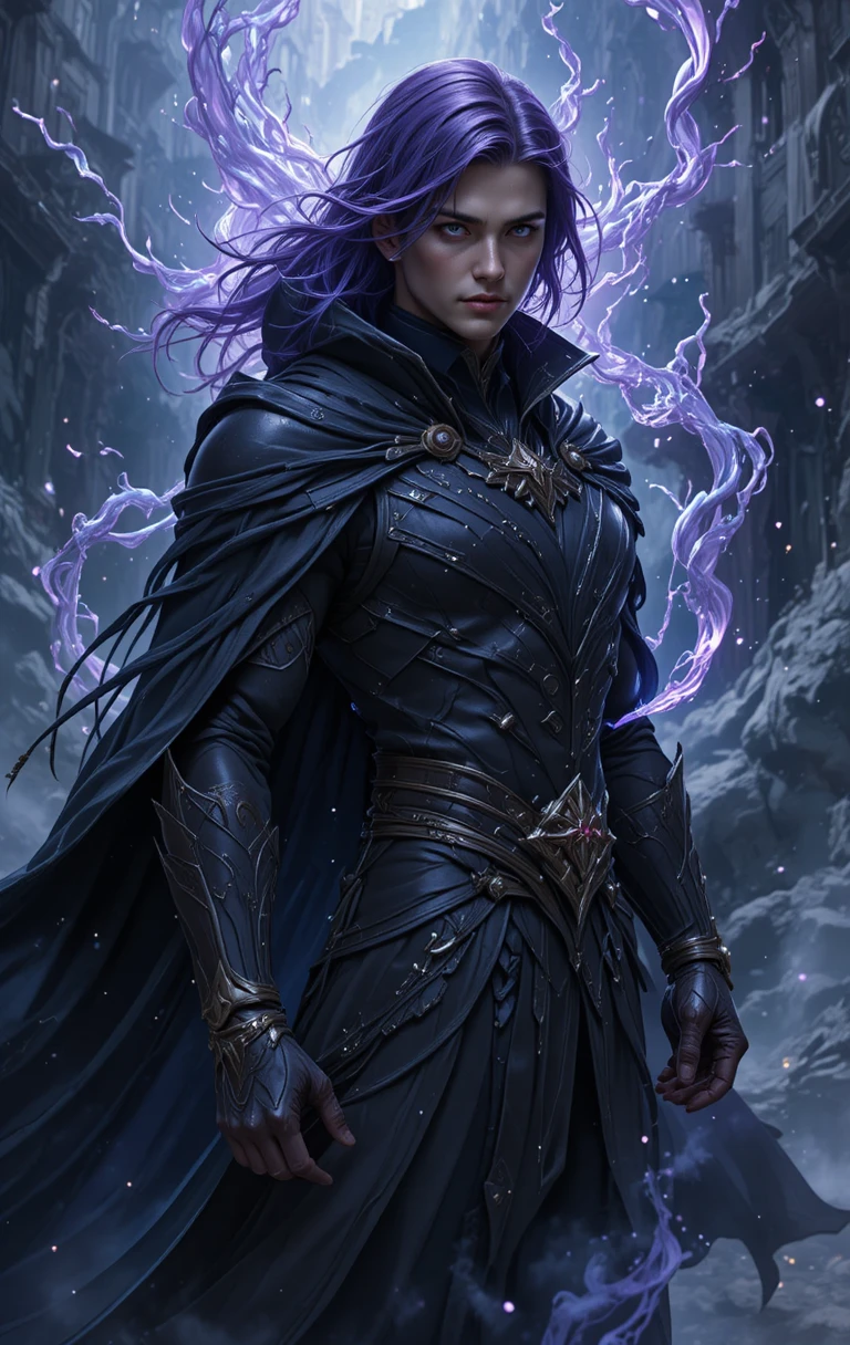 Mago de sombras de piel oscura con fluida cabellera violeta