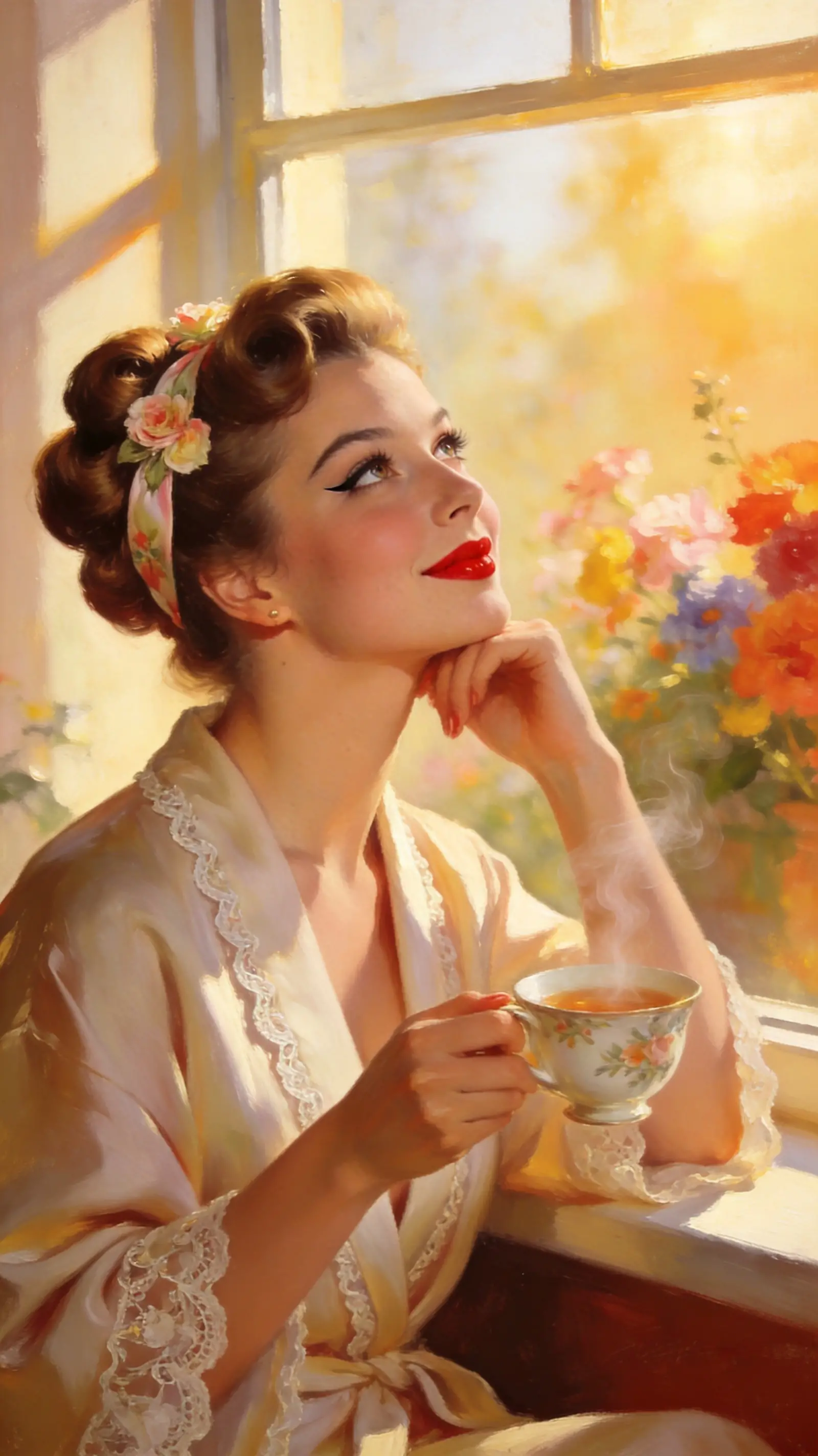 陽光灑落窗邊的 1950 年代復古 Pin-up 女郎