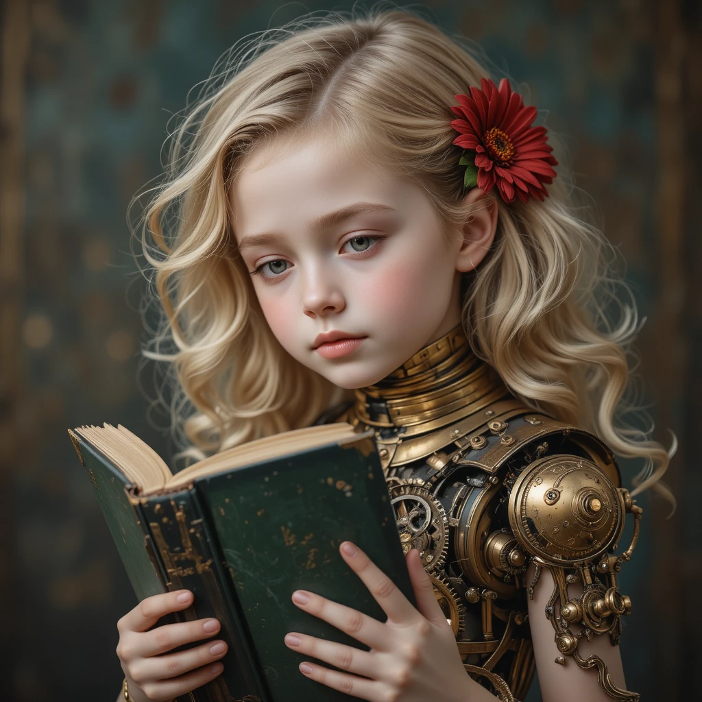 Retrato en acuarela de una niña leyendo un libro verde