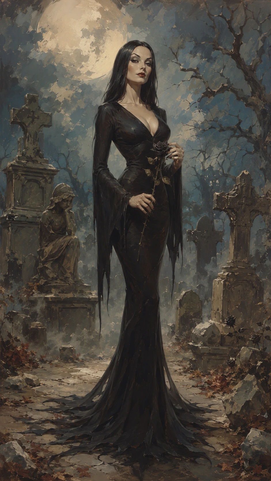 Elegante dunkle Frau mit Rose auf einem mondbeschienenen Friedhof