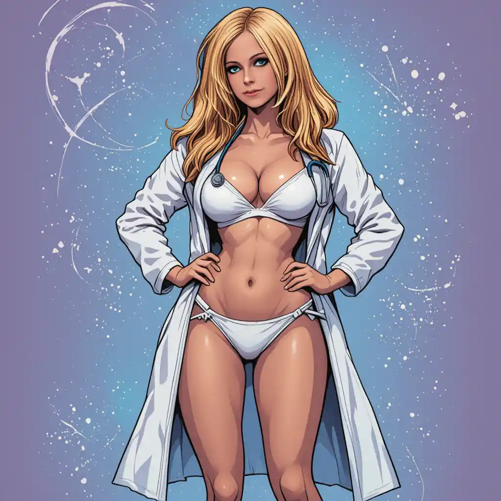 Curvy woman in white bikini and lab coat with stethoscope