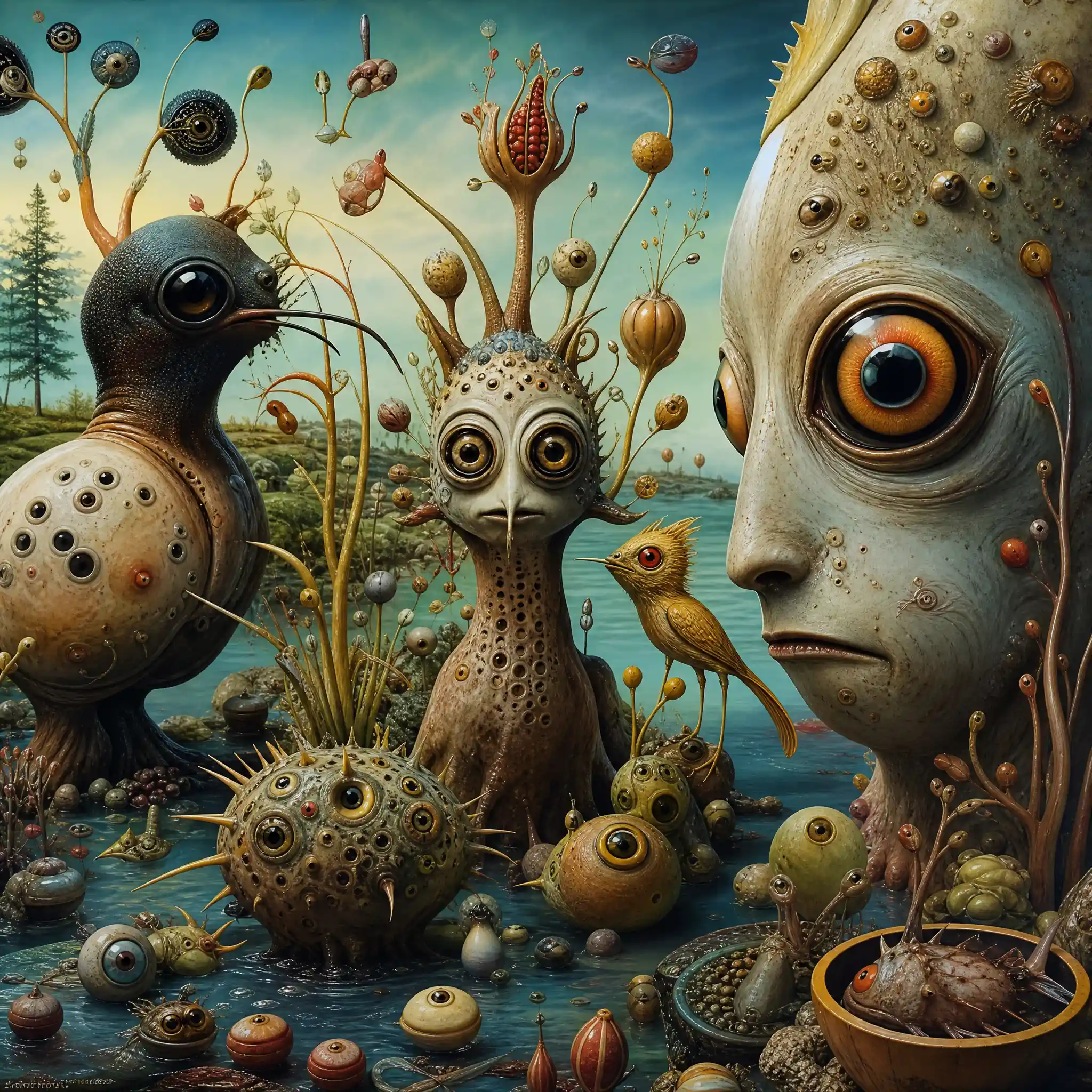 Pintura al óleo surrealista de formas de vida imaginarias en fusión