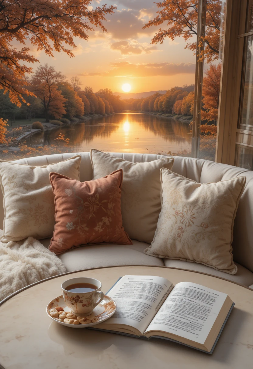 Cozy beige sofa by the river at autumn sunset