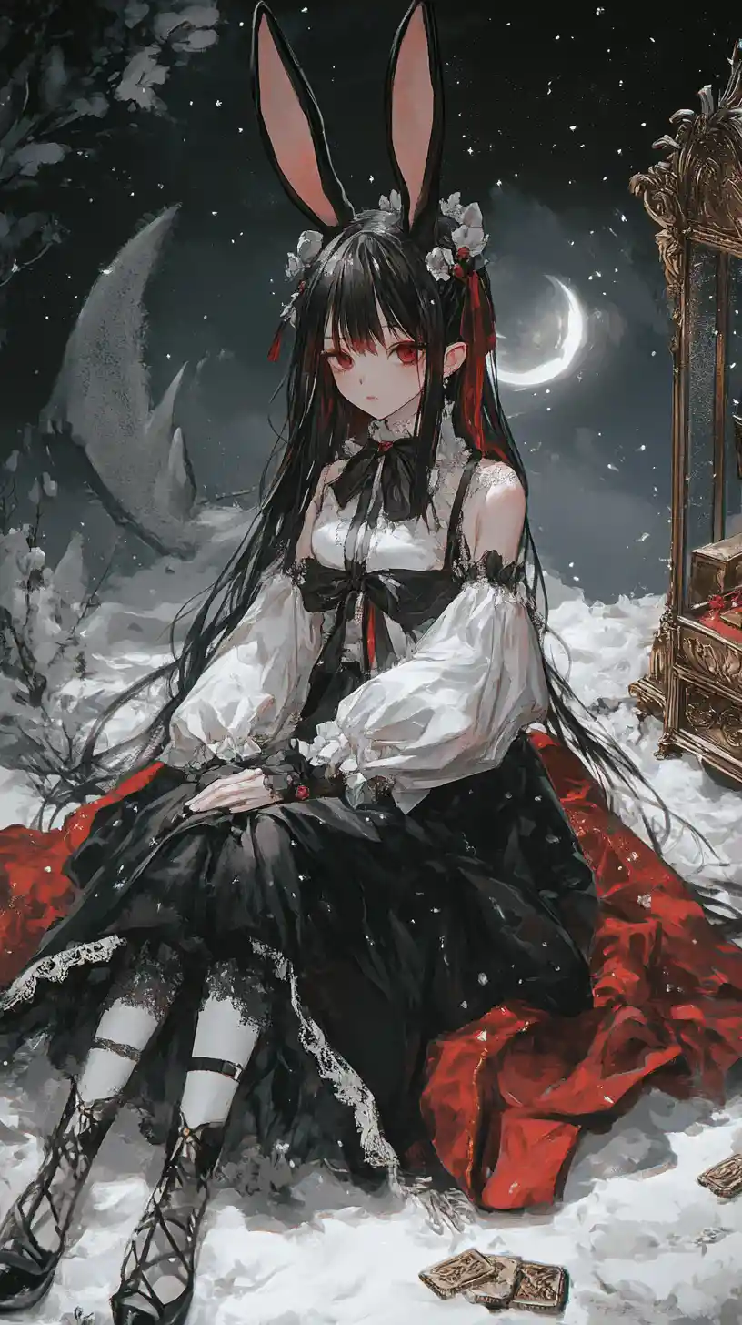 Elegant anime girl with rabbit ears in fantasy night scene