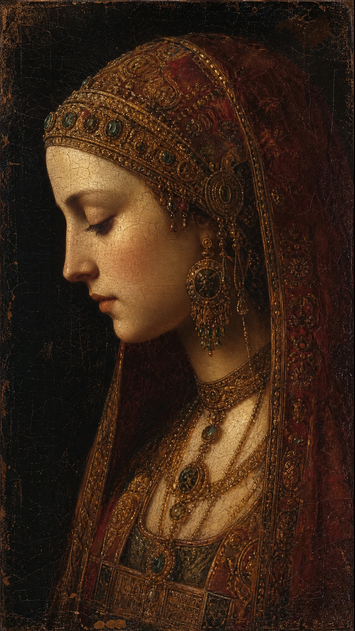 Retrato de reina medieval en luz dorada con los ojos cerrados