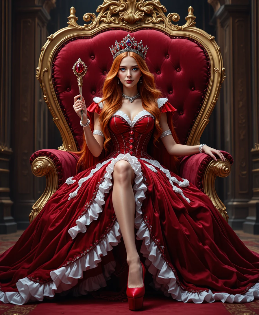 Regal red haired queen seated on ornate heart throne