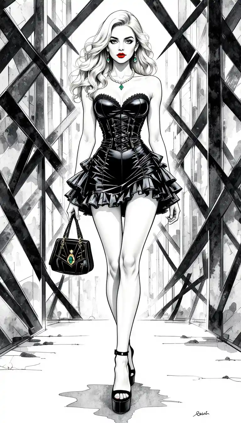 Glamorous blonde woman in black leather fashion ensemble