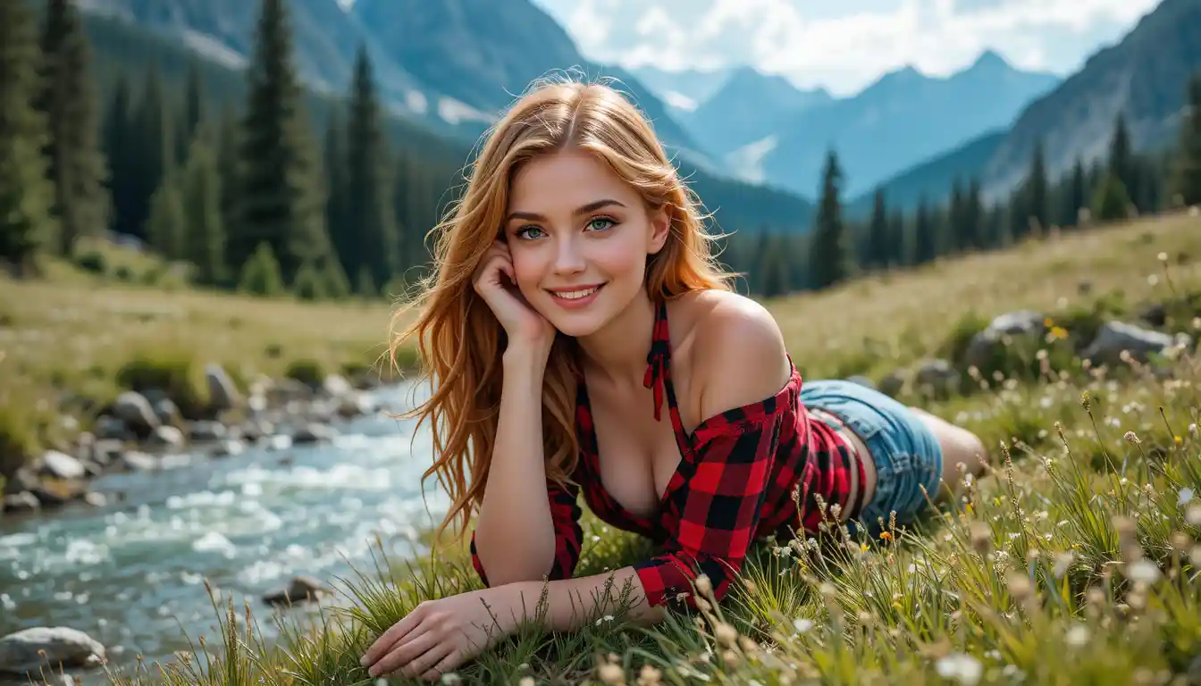 Joven sonriente con shorts de mezclilla en un prado de montaña