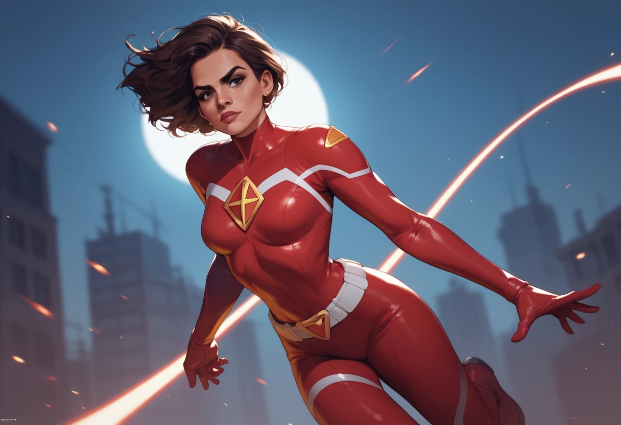 Superheroína saltando sobre los oscuros tejados de la ciudad de noche