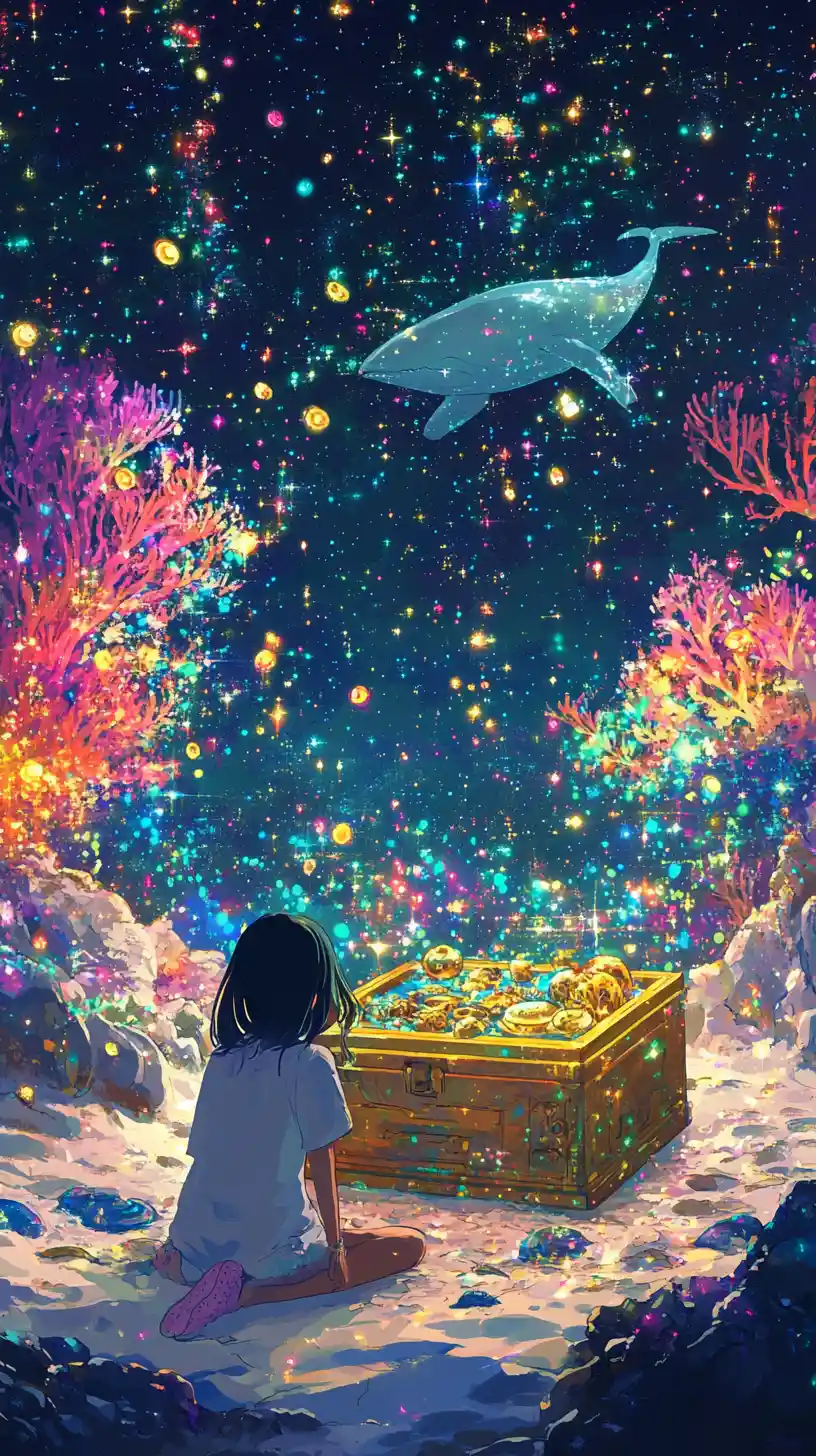 Anime girl dissolving into colorful pixels on abstract platforms