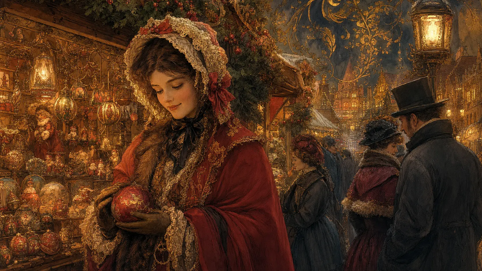 Close up of a traditional Christmas market digital painting