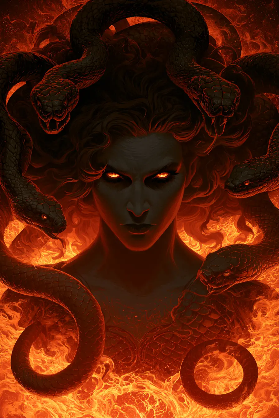 Medusa Rising From Molten Lava In Moody Noir Illustration