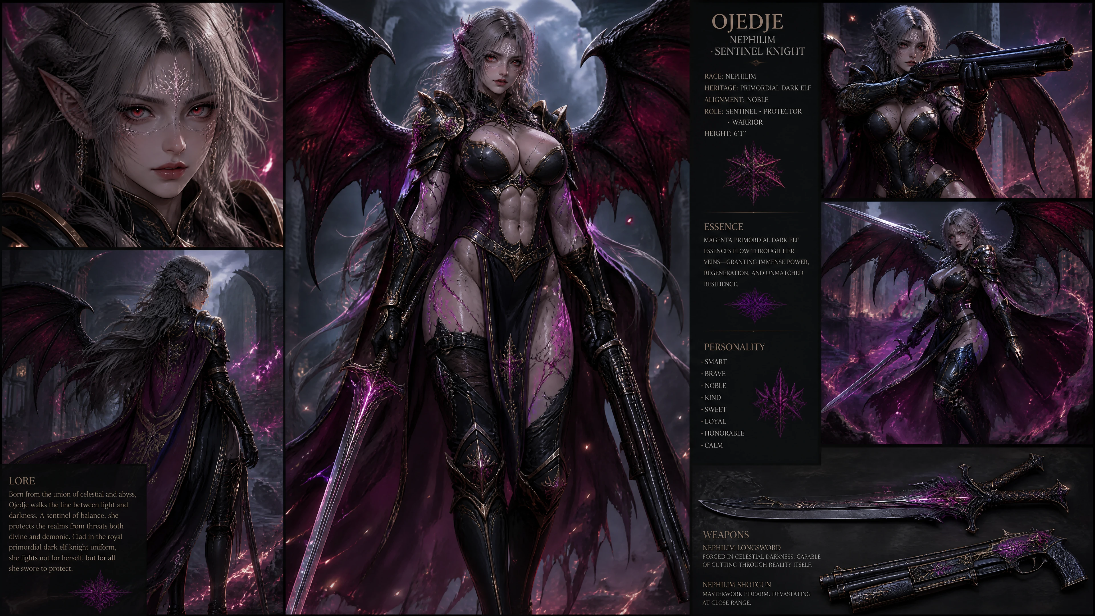Winged nephilim warrior woman in dark elf armor
