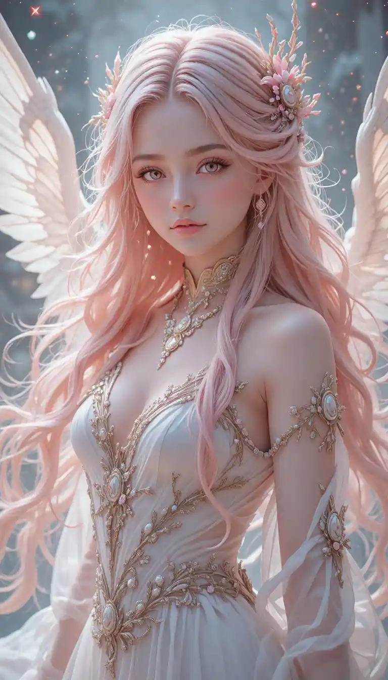 Joven chica sanadora de anime de cabello rosa con alas de ángel brillantes