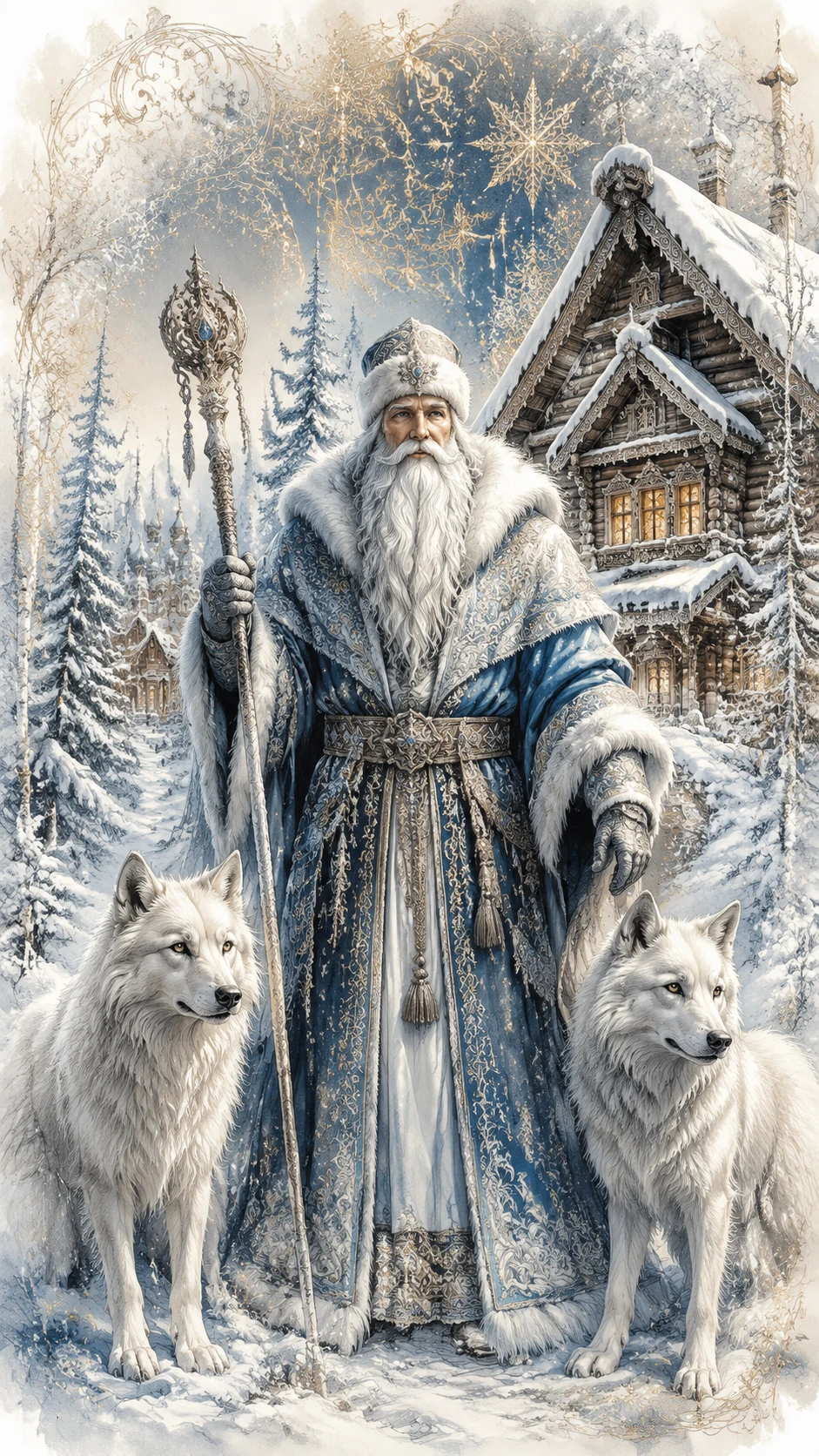 Padre Hielo con lobos blancos en un bosque invernal ruso