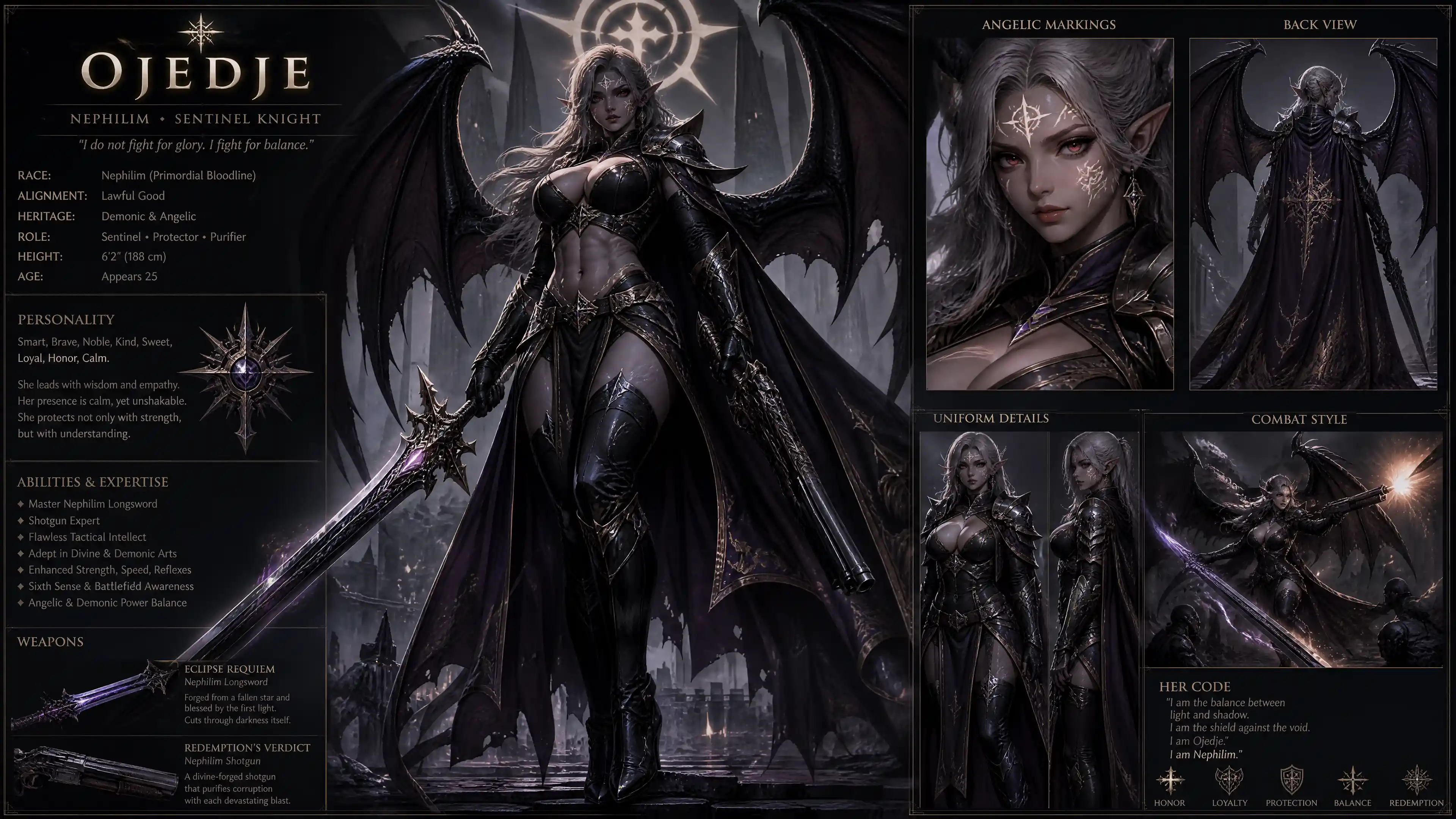 翼を持つネフィリムの女騎士とダークエルフの鎧