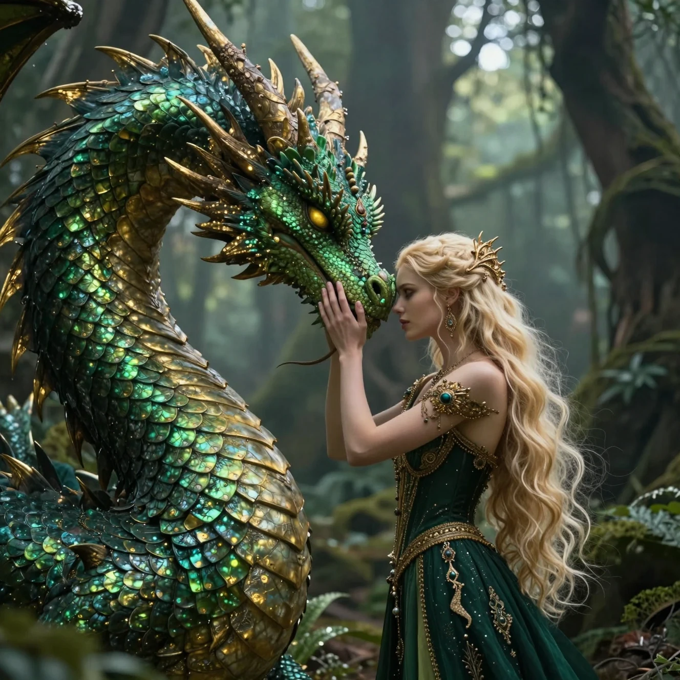 女性とエメラルドドラゴンのやさしい森のひととき