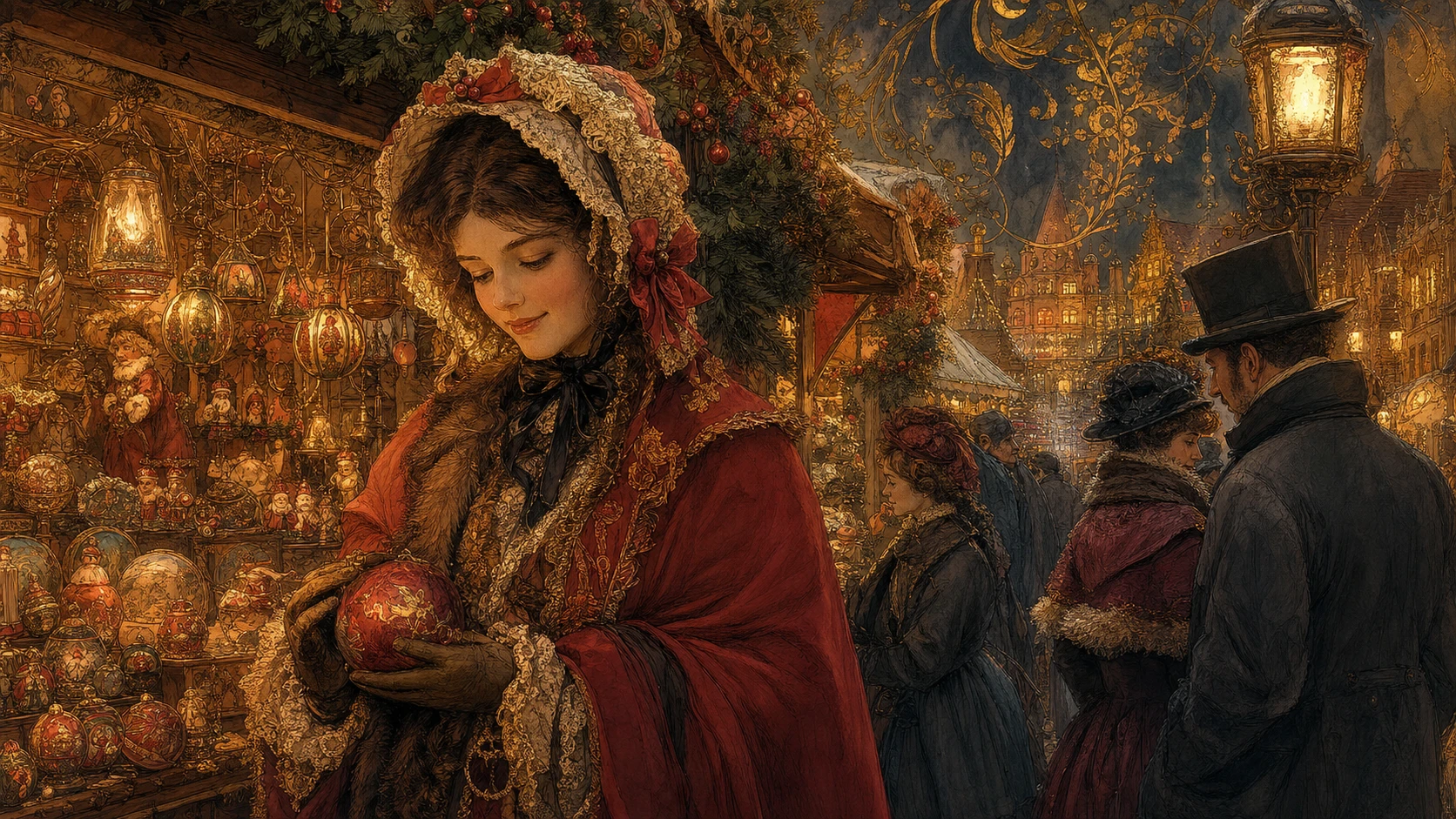 Close up of a traditional Christmas market digital painting