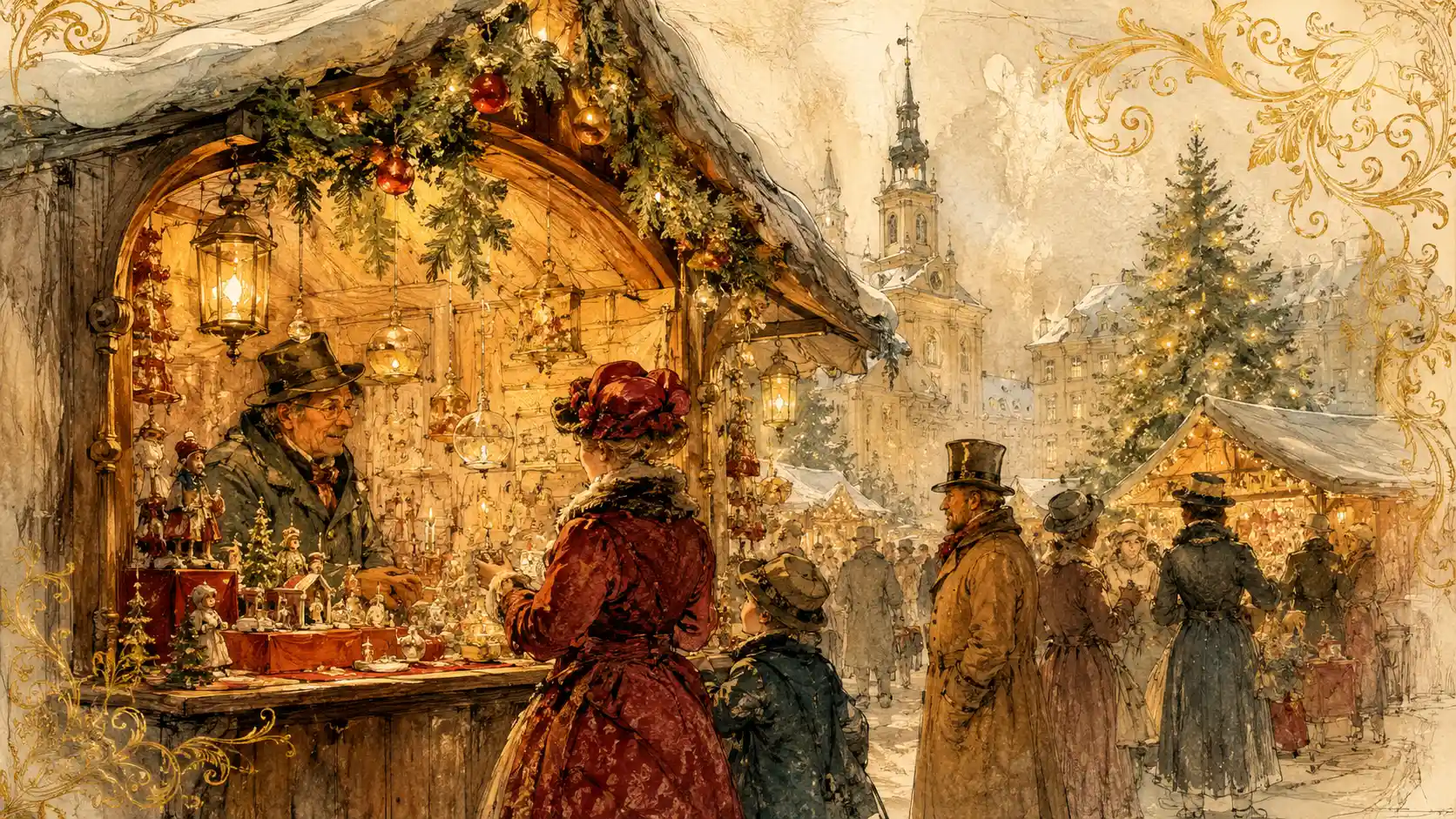 Close up view of a traditional Christmas market scene