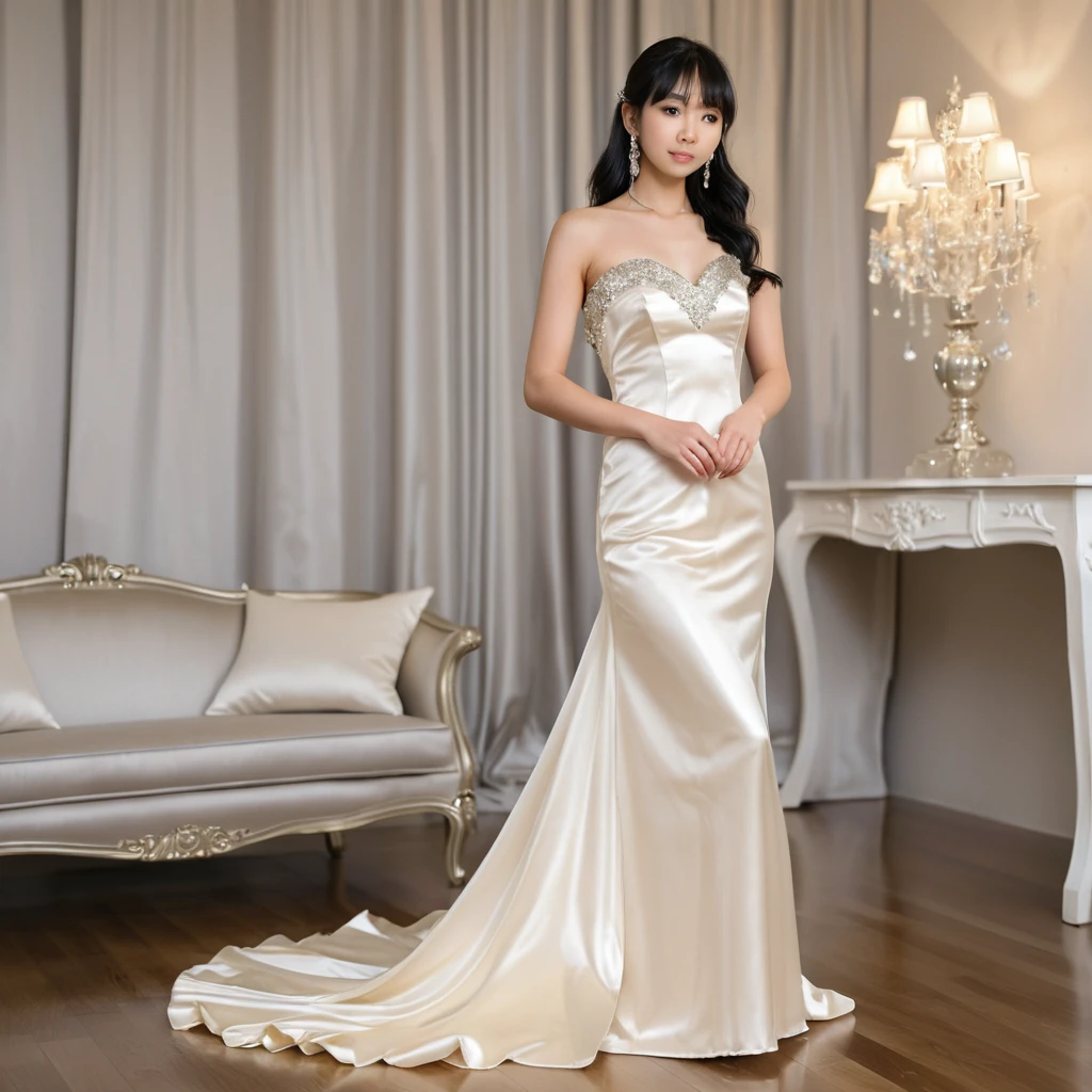 Joven japonesa elegante con vestido largo palabra de honor de satén marfil