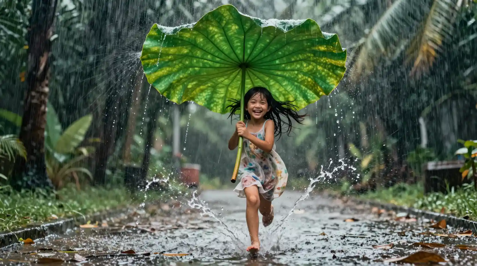 Niña sonriente corriendo con hoja de loto bajo la lluvia tropical