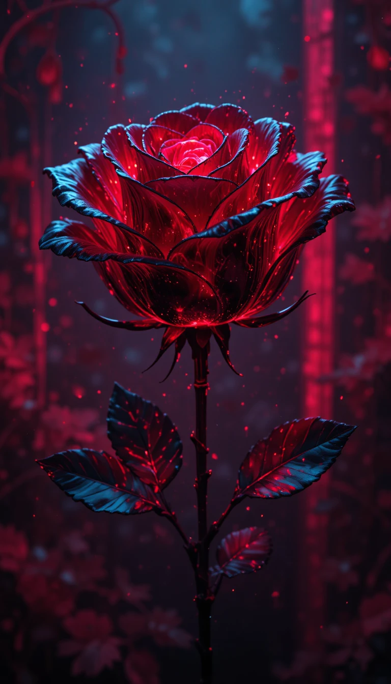 Rosa negra brillante con luz roja en un espacio abstracto oscuro