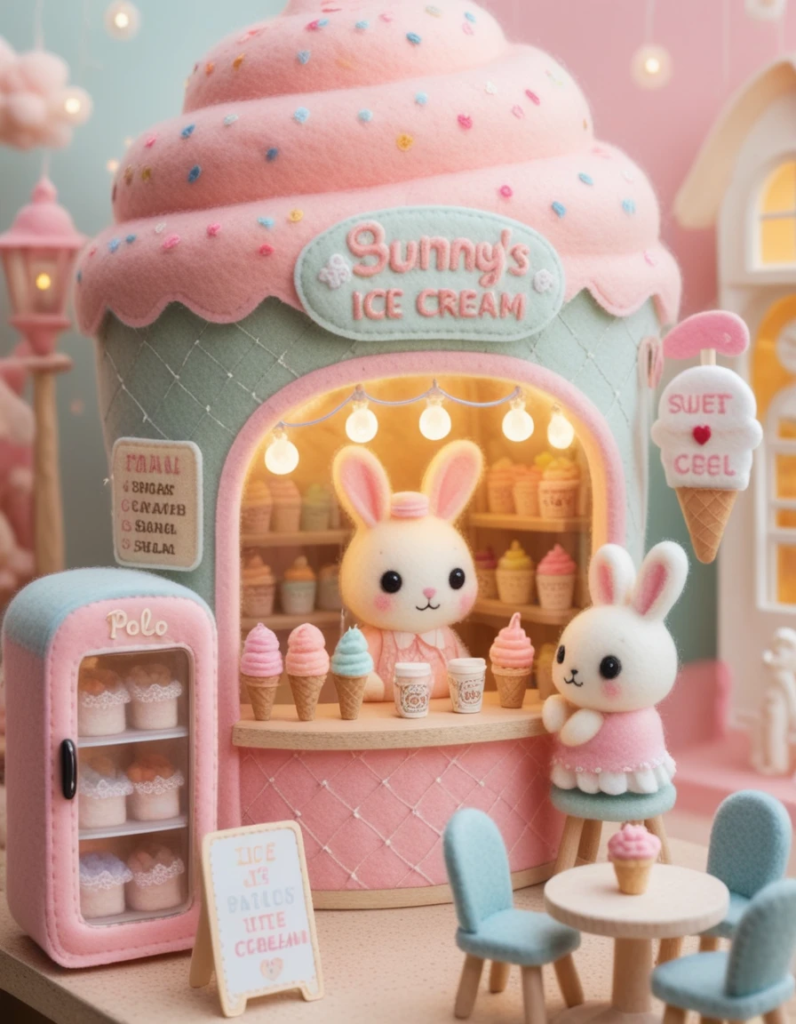 小さなパステルのアイスクリームショップのかわいいフェルトうさぎ